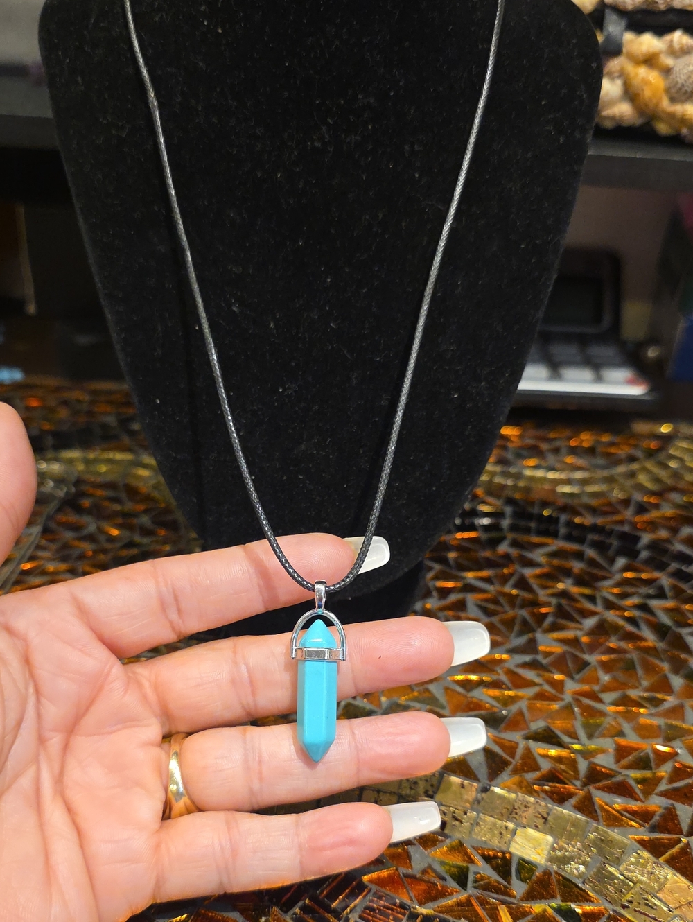 Source Unknown Turquoise Point Pendant Necklace with Black Cord